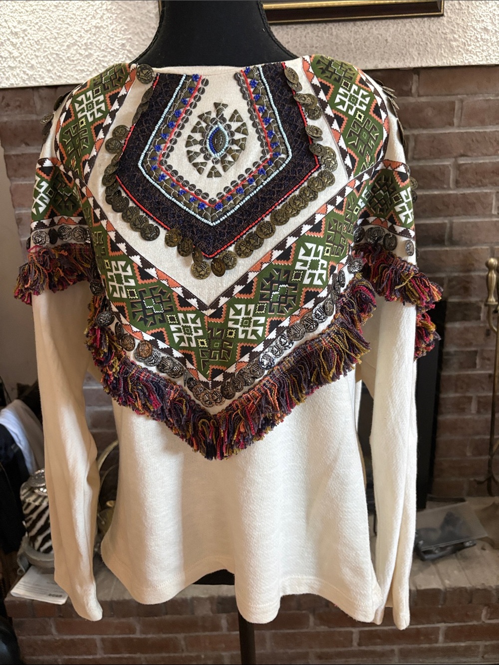 Zara Cream Sweater with Embellished Tribal Bib and Multicolor Fringe